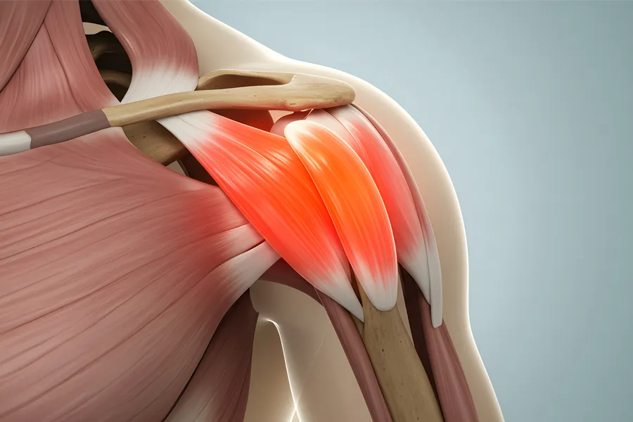 Bursitis-Clinic 3D illustration of human musculature with the shoulder highlighted. Get treatment for Bursitis from Pierre Rojas, DO in South Lyon.