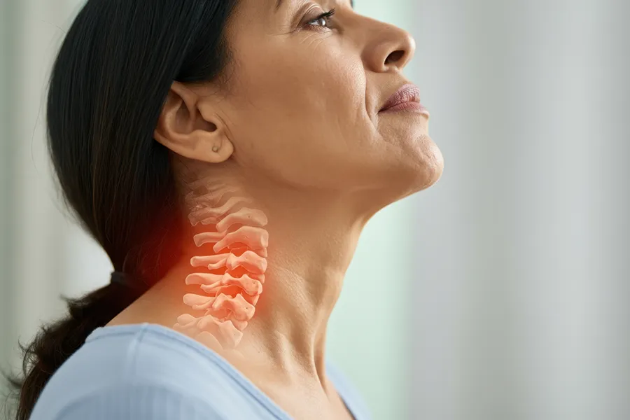 Degenerative-Disc-Disease-Clinic A middle-aged woman with a 3D illustrated spine transposed over her neck. Get treatment for degenerative disc disease from Pierre Rojas, DO in South Lyon.