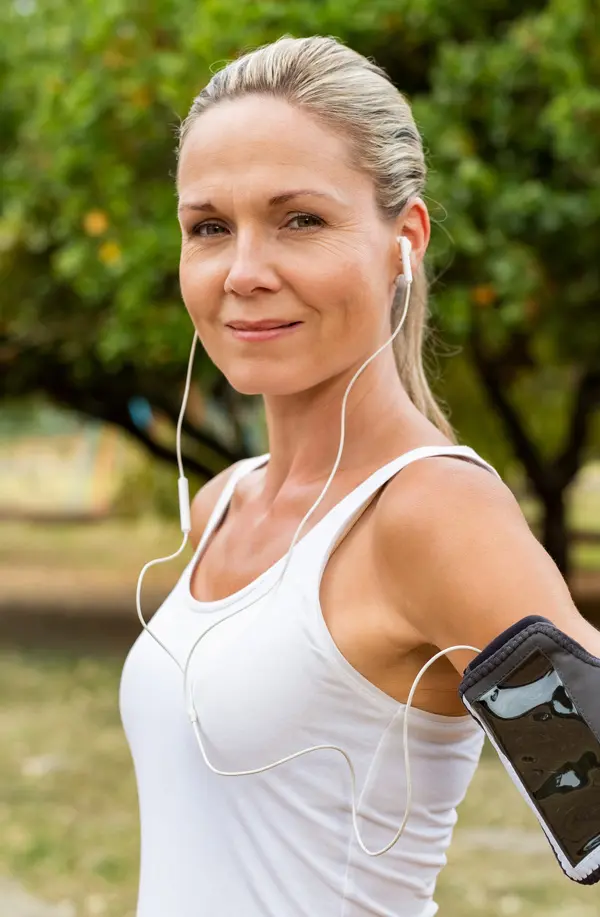 Insulin-Resistance-Treaatment A fit middle aged woman wearing earphones and a tank top smiles after a run. Get insulin resistance treatment from Pierre Rojas, DO in South Lyon.