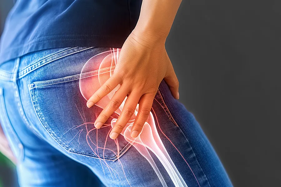 LCL-Tears-Clinic A woman holds her hip in pain. Schedule treatment for LCL tears from Pierre Rojas, DO in South Lyon.