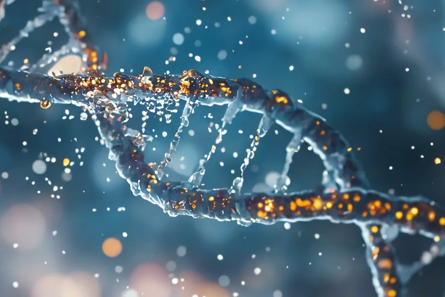 Regenerative-Medicine-Clinic 3D illustration of a a DNA strand in sparkling golds and blues. Get Regenerative Medicine treatment from Pierre Rojas, DO in South Lyon.